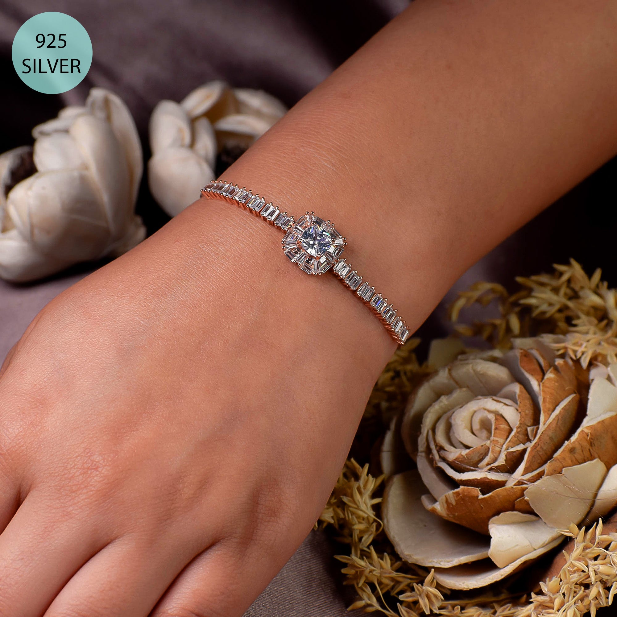 925 Sterling Silver Rose Gold Square Solitaire Engagement Bracelet