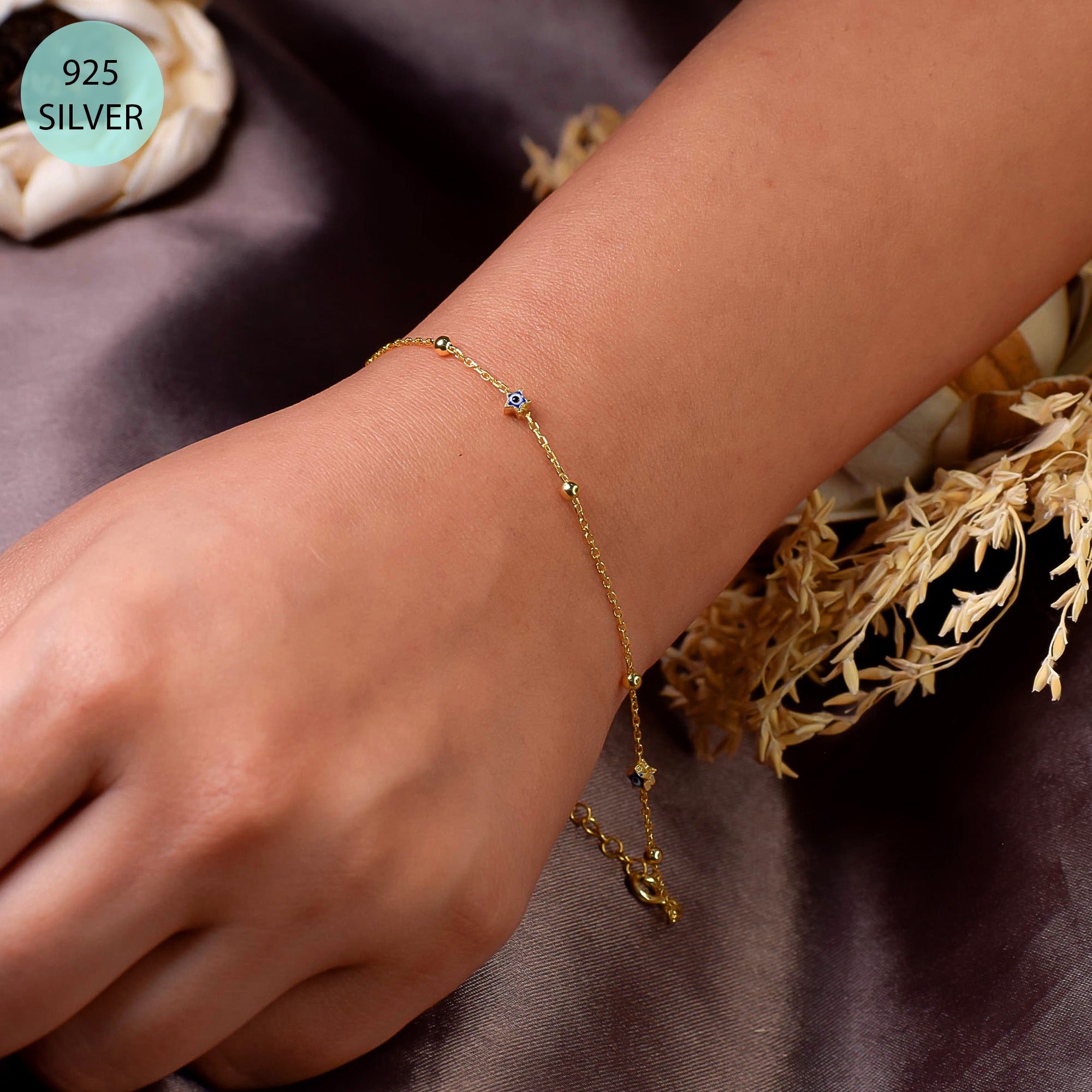 925 Sterling Silver Gold Plated Evil Drop Bracelet
