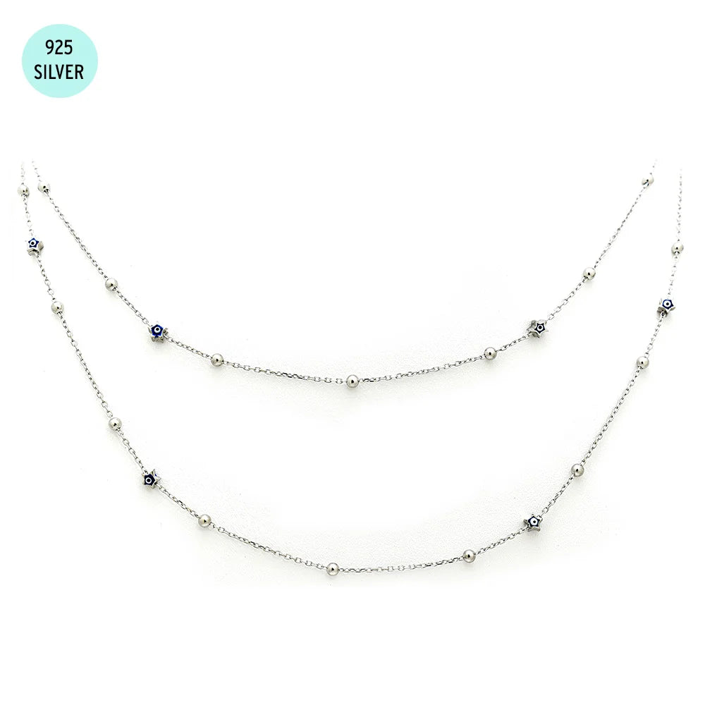 Evil Eye & Silver Beads Double Chain Necklace